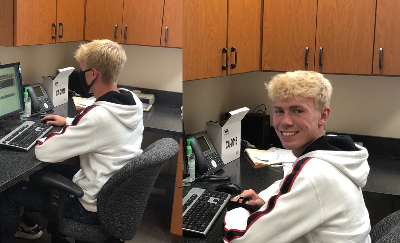 photo collage of a boy at a desk